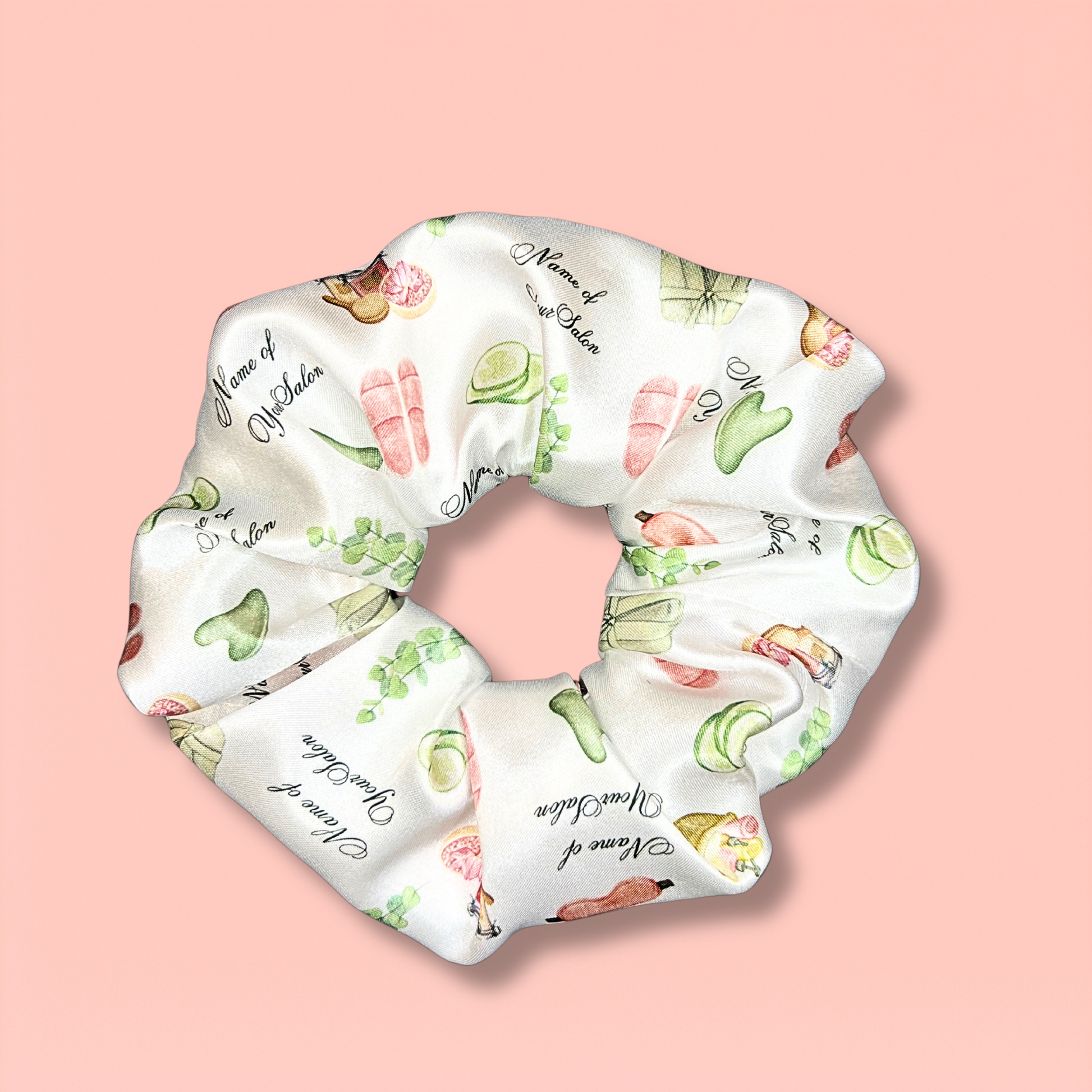 Spa Day Satin Scrunchie – Self-Care Print with Custom Salon Name